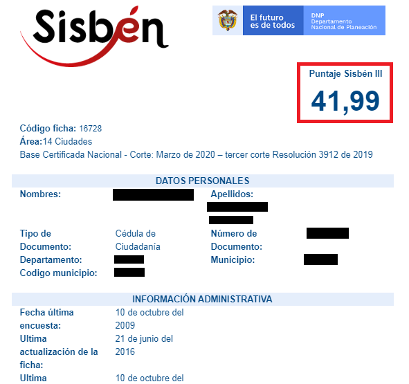Certificado Afiliación Sisbén